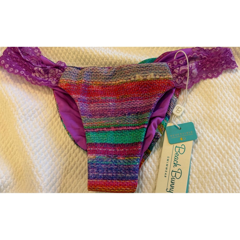 Beach Bunny‎ Swimwear Reversible Bikini Bottoms Lace Trim Ruched Back Purple XL